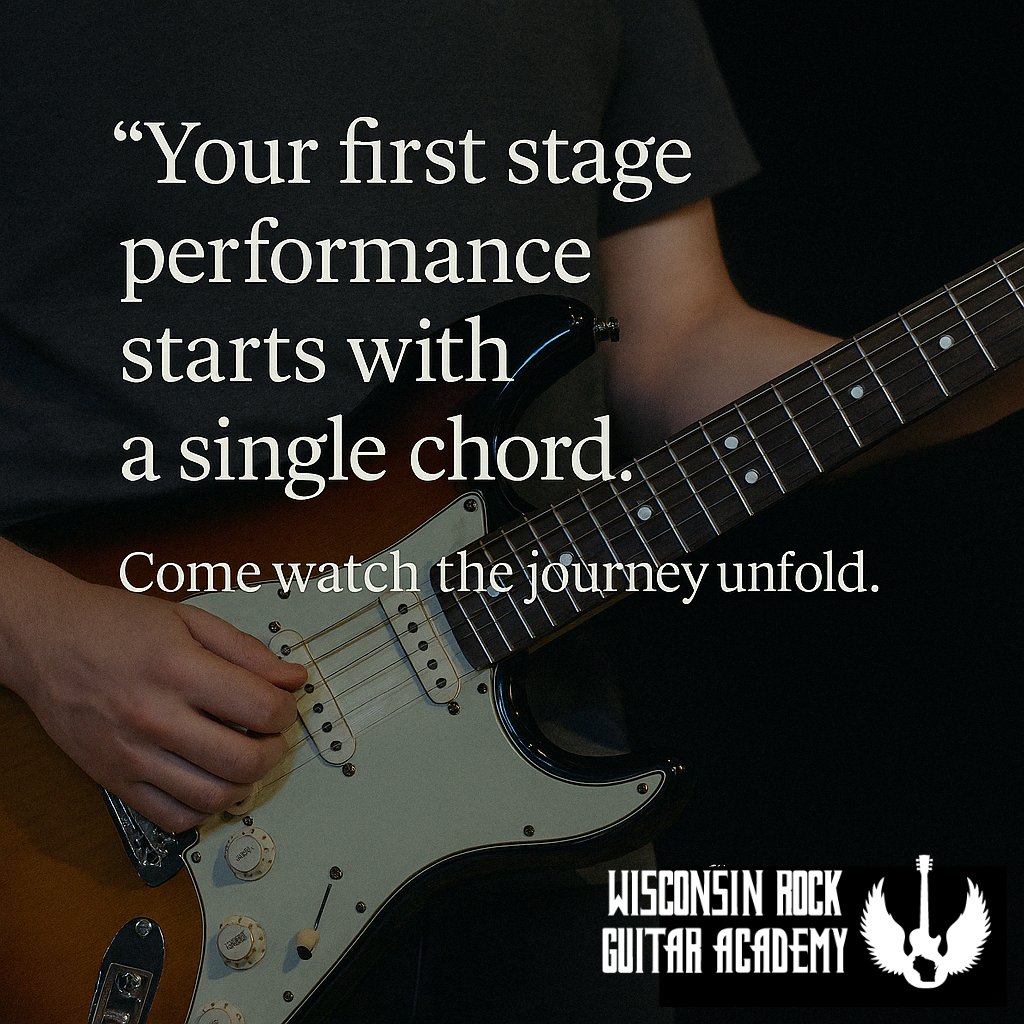 GuitarWisconsin's tweet image. Your first stage performance starts with a single chord.🎸 Come watch the journey unfold. #GuitarWisdom #WausauMusic