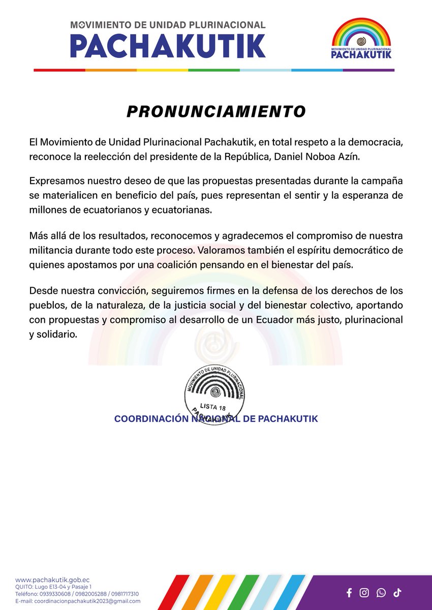 #PRONUNCIAMIENTO 

El #MUPP agradece a nuestra militancia y reconoce la decisión del pueblo Ecuatoriano.

Seguiremos firmes por un Ecuador justo, plurinacional y solidario.