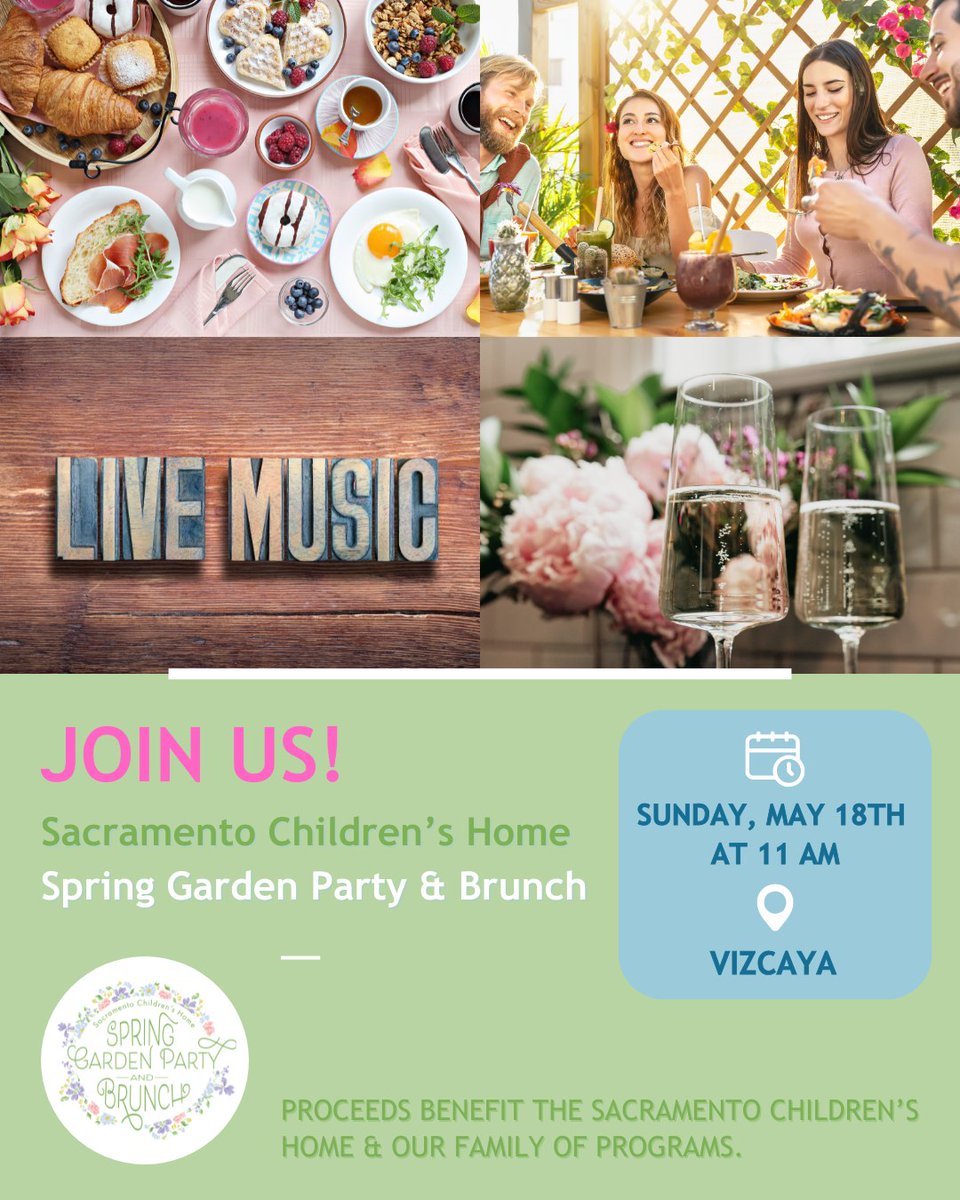 Have you reserved your tickets yet for our Spring Garden Party &amp; Brunch? Join us at the beautiful Vizcaya on Sunday, May 18th at 11 am for some tasty brunch favorites and live music to support SCH. Tickets and info here: kidshome.ejoinme.org/springgardenpa… 
#sacramentocommunity