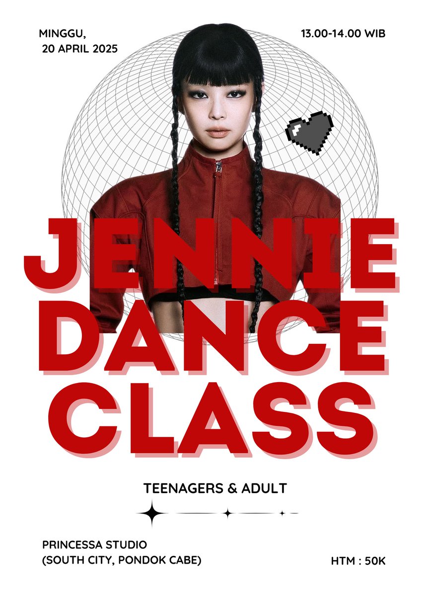 jeonginnie_mini's tweet photo. Siap seru-seruan bareng di kelas dance bareng JENNIE vibes?

Yuk ikutan JENNIE DANCE CLASS – khusus buat teenagers &amp; adults!

Tanggal: Minggu, 20 April 2025
Jam: 13.00 – 14.00 WIB
Lokasi: Princessa Studio, South City – Pondok Cabe
HTM cuma 50K aja!

IG : desitadesitaa 

#JENNIE https://t.co/oM3KS3euJD