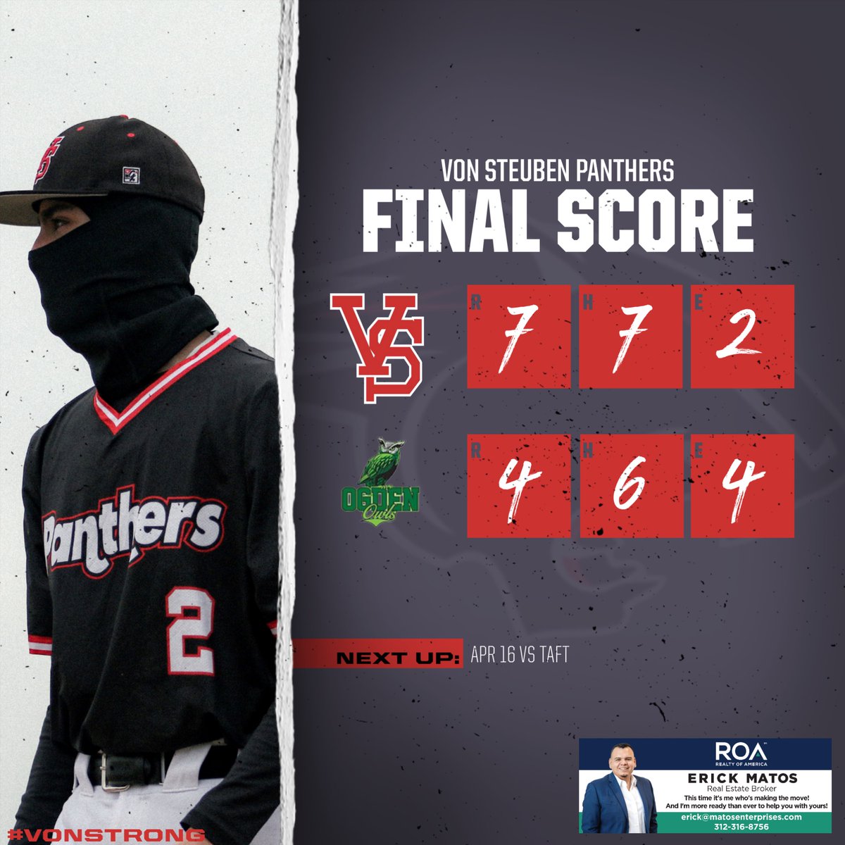 Von takes game 2 of the series with Ogden 7-4.  Kayin Timble (2-3, 2 2b, 2sb, 3rbi) and Romeo Ruiz (2 rbi 2b) led the offense while Axel Rivera pitched 5 solid innings on the mound giving up 2 runs and striking out 5. Go Panthers! <a href="/mikeclarkpreps/">MikeClarkPreps</a> @cplathletics @vonsteubenmsc
