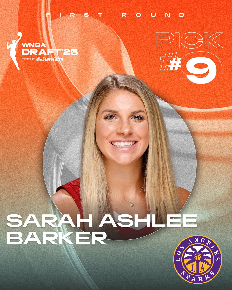 WNBA's tweet image. With the 9th pick of the WNBA Draft, the @LASparks select Sarah Ashlee Barker! 

2025 WNBA Draft presented by @StateFarm live on ESPN