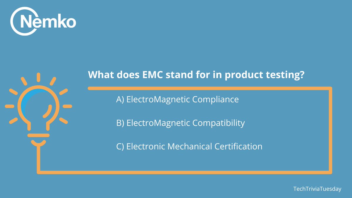 NemkoGroupAS's tweet image. 🔎 #TechTriviaTuesday
What does EMC stand for in product testing?

A) ElectroMagnetic Compliance
B) ElectroMagnetic Compatibility
C) Electronic Mechanical Certification

Take a guess — answer in the comments! 👇
#trivia #Compliance #EMC