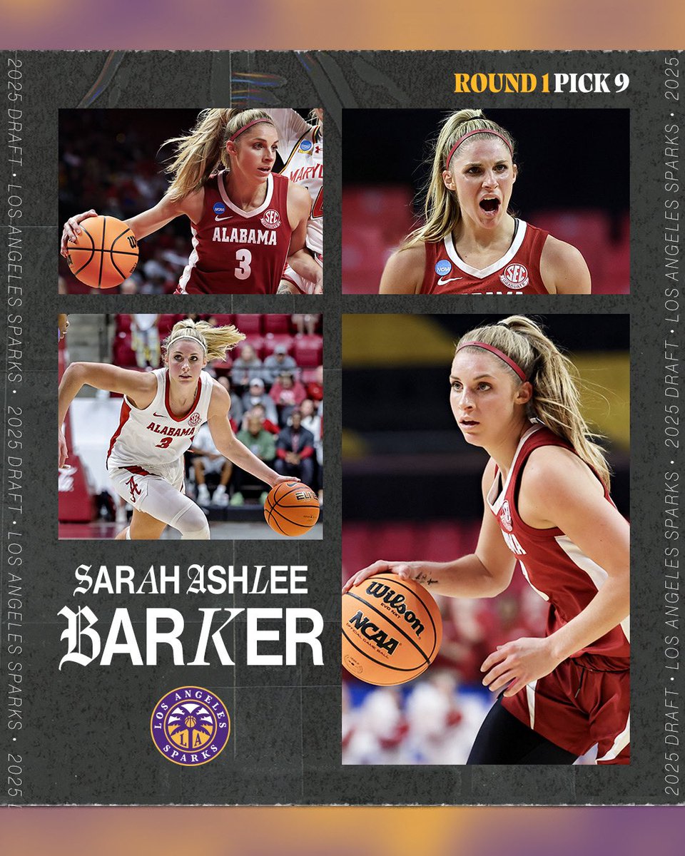 Los Angeles Sparks (@lasparks) on Twitter photo From AL to LA. 
With the 9th pick in the WNBA draft, the Sparks select Sarah Ashlee Barker. #WNBADraft From AL to LA. 
With the 9th pick in the WNBA draft, the Sparks select Sarah Ashlee Barker. #WNBADraft