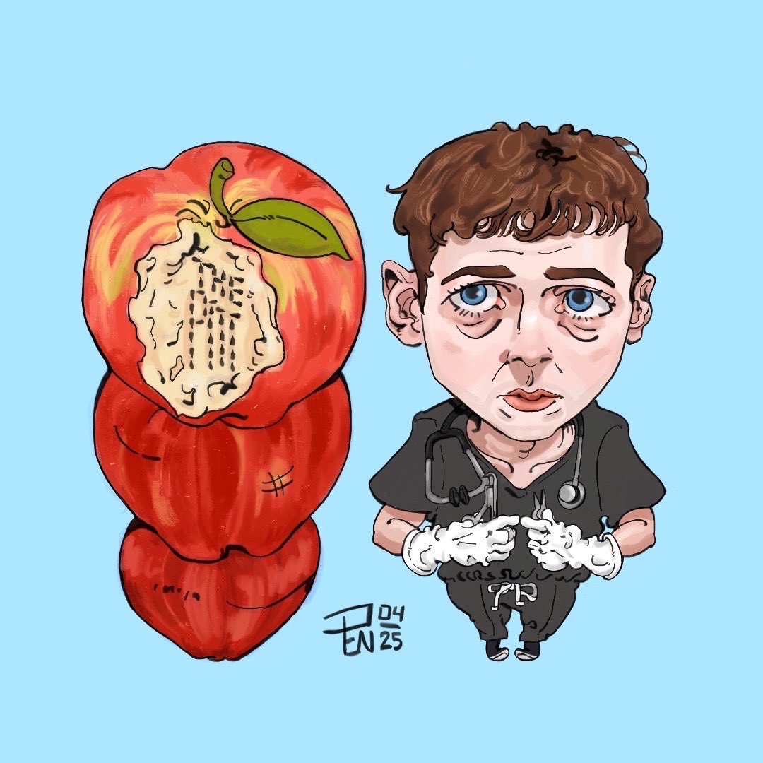 aPenintheCorner's tweet photo. Going through pittdrawls so here’s some fanart of Whitaker
His big blue sad eyes and clumsy demeanor have entranced me. I couldn’t resist drawing this adorably pathetic man. 
“Leave ‘em alone. They’re only 3 apples tall!”  #thepitt #ThePittMax https://t.co/mK0tsRYnFQ