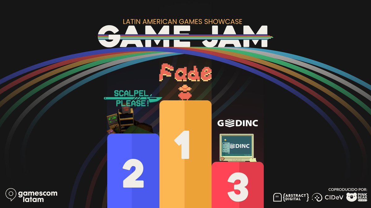 LAGShowcase's tweet photo. ¡Emocionados de anunciar a los ganadores de nuestra primera Game Jam con los cuales nos vamos a @gamescomlatam! 

1️⃣ Fade 
2️⃣ Scalpel, Please!
3️⃣GODINC

¡Felicitaciones y gracias a los casi mil Jammers que se sumaron! 

🔗 Links de los juegos ganadores 👇🏻 
1/5 https://t.co/e0zohtWDa6