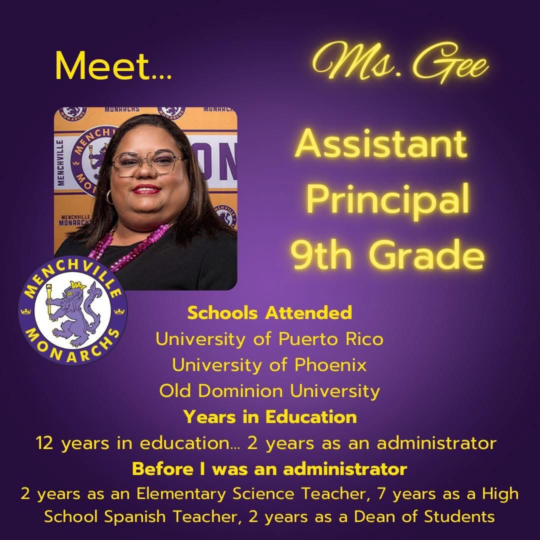 Lay week was National Assistant Principal Week. Friday’s feature was our 9th Grade AP, Ms. Gee!

#menchville #menchvillehighschool #teamMHS #NNPSproud