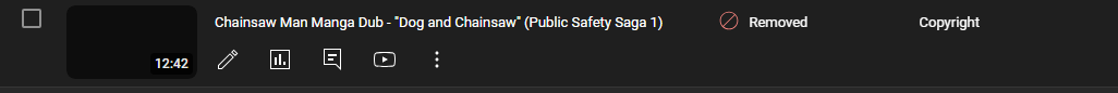 Dubfounded1's tweet photo. Our Chainsaw Man Manga dub pilot with almost 700 views was removed and our channel was hit with a copyright strike. No worries, we are quickly working on a solution to get the video reinstated with further precautions to ensure no future issues with the channel. https://t.co/VWKhgIJaUY