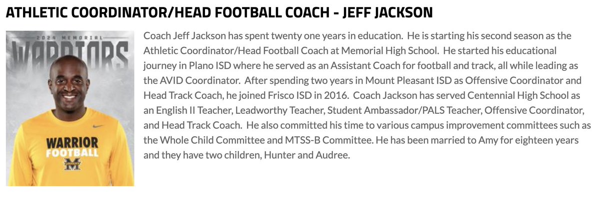 JTruthAnon's tweet photo. AUSTIN METCALFS ATHLETIC DIRECTOR AND HEAD FOOTBALL AND TRACK COACH DURING HIS TIME AT MEMORIAL HIGH SCHOOL......TO THIS DATE NOT ONE PUBLIC STATEMENT FROM THIS POS.... https://t.co/V50prilXgg