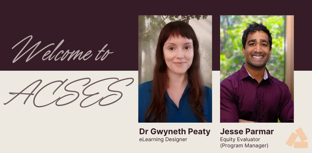 ACSES (@acsesedu) on Twitter photo Welcome to the ACSES team, Gwyneth and Jesse!
Gwyneth Peaty joins us as eLearning Designer, and Jesse Parmar as Equity Evaluator (Program Manager).
We're thrilled to have their expertise driving forward equity in higher education. <a href="/CurtinUni/">Curtin University</a> Welcome to the ACSES team, Gwyneth and Jesse!
Gwyneth Peaty joins us as eLearning Designer, and Jesse Parmar as Equity Evaluator (Program Manager).
We're thrilled to have their expertise driving forward equity in higher education. <a href="/CurtinUni/">Curtin University</a>