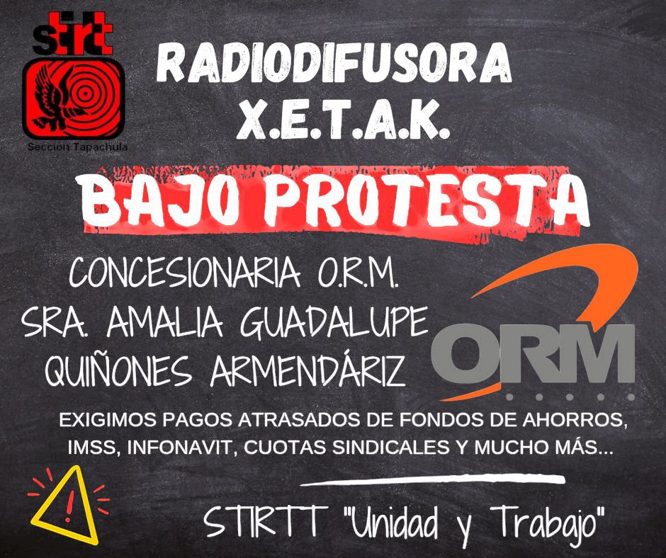 StirtTapachula's tweet photo. Urge la intervención de las autoridades laborales para cientos de trabajadores de la Radio que se encuentran en la misma situación Grupo AS COMUNICACIÓN / O.R.M. @Claudiashein @STPS_mx @PROFEDET @CTM_MX @francontrerasv @FerSalgadoCTM @CarlosAceves_ https://t.co/FOFL97pts0