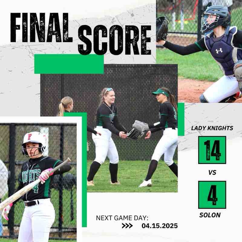 Big win today!! Varsity defeated Solon 14-4 in 5 innings. 
Highlights:
-Triples by Hailey Yurmanovich and Laura Garey
-Complete game on the mound by Kirra Smeal