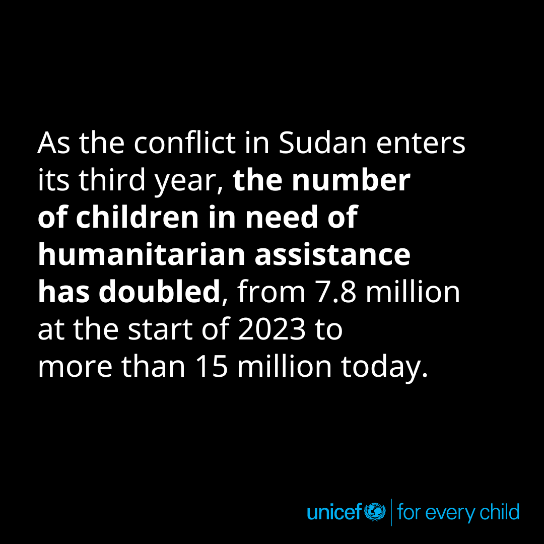 “Sudan is the biggest humanitarian crisis in the world today, but it is not getting the world’s attention.” - <a href="/unicefchief/">Catherine Russell</a>.

Conflict is entering its third year in Sudan. Children need it to end. Learn more: unicef.link/42eKerq