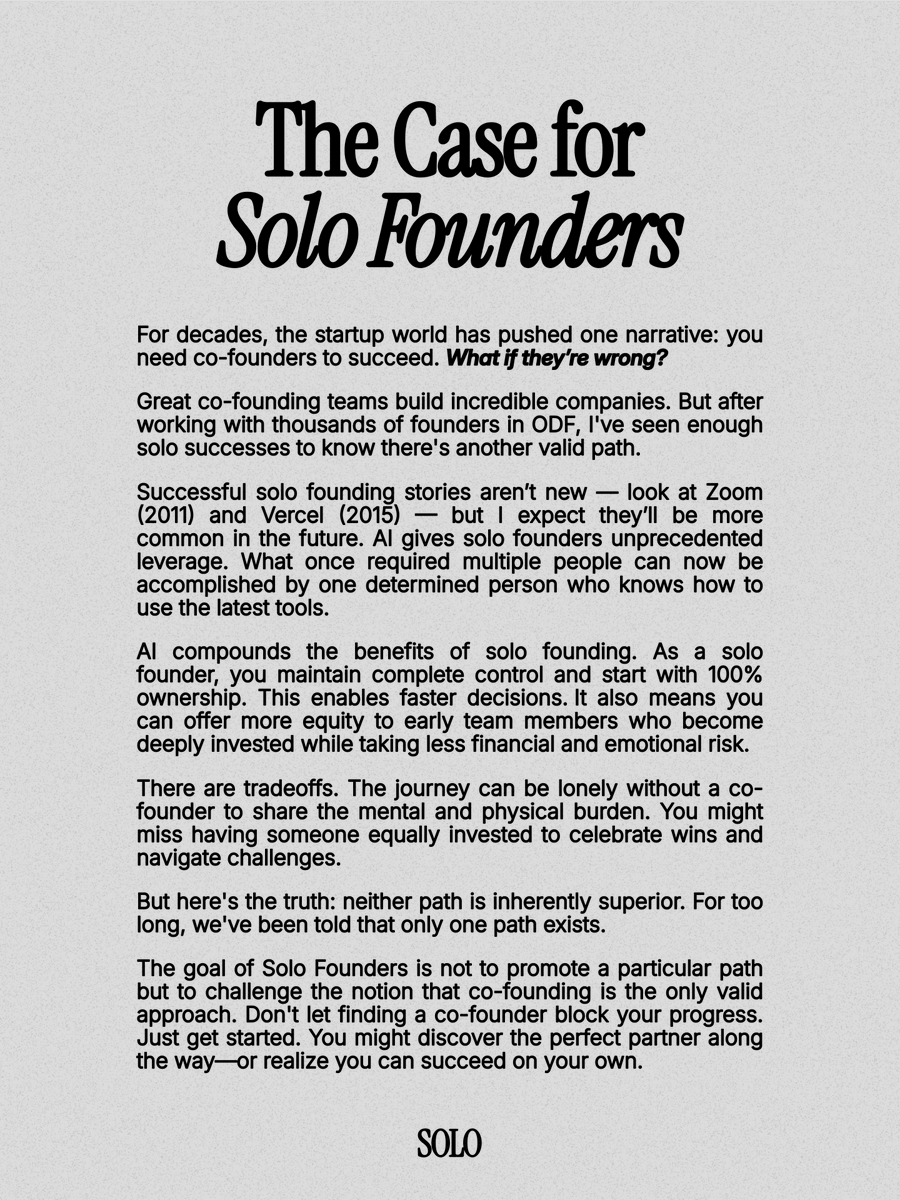 julianweisser's tweet image. For decades, the startup world has pushed one narrative: you need co-founders to succeed.
What if they’re wrong?
The case for @solofounding: