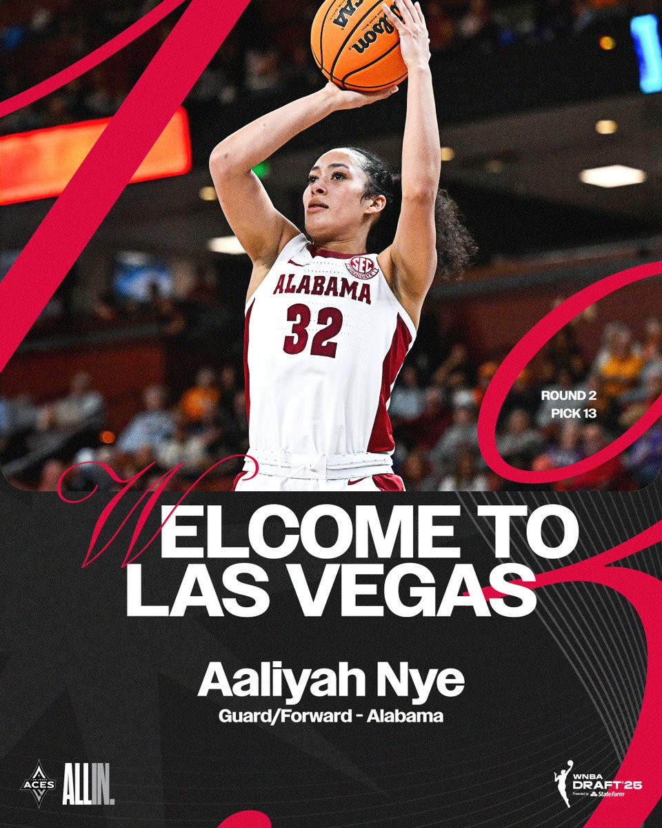 Las Vegas Aces (@lvaces) on Twitter photo 𝗕𝗔𝗠𝗔 𝗕𝗨𝗖𝗞𝗘𝗧 🐘
With the 13th pick in the 2025 #WNBADraft, the Las Vegas Aces select <a href="/aaliyah_nye/">Aaliyah Nye</a> from <a href="/AlabamaWBB/">Alabama Women’s Basketball</a>!
<a href="/WNBA/">WNBA</a> // #ALLINLV 𝗕𝗔𝗠𝗔 𝗕𝗨𝗖𝗞𝗘𝗧 🐘
With the 13th pick in the 2025 #WNBADraft, the Las Vegas Aces select <a href="/aaliyah_nye/">Aaliyah Nye</a> from <a href="/AlabamaWBB/">Alabama Women’s Basketball</a>!
<a href="/WNBA/">WNBA</a> // #ALLINLV
