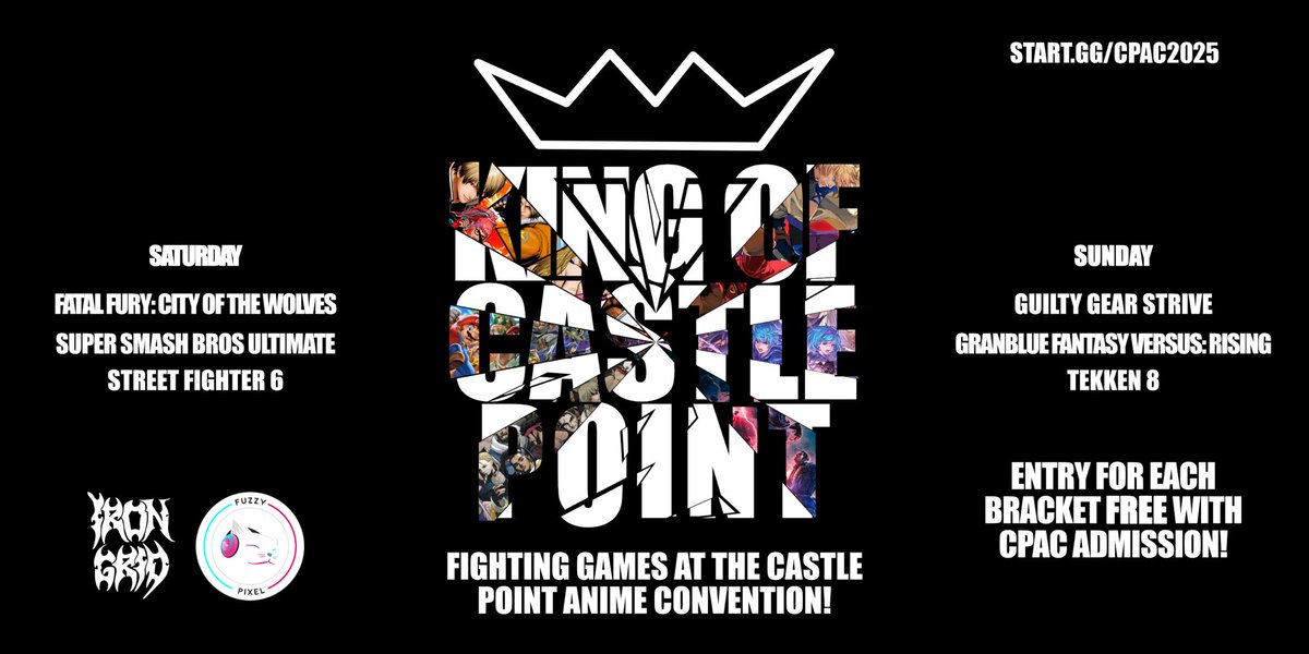 We’re coming together with <a href="/CastlePointCon/">Castle Point Anime Convention</a> and <a href="/FuzzyPixelgg/">Fuzzy Pixel</a> to bring you this year’s King of Castle Point tournament!

Free-to-enter open brackets all weekend including the newly released Fatal Fury: City of the Wolves!

Register below!⬇️⬇️⬇️