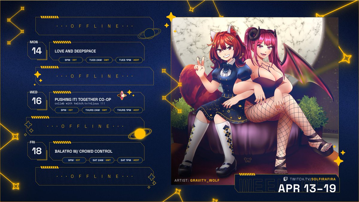 solfirafira's tweet photo. 【04/13–04/19】 ☄️ This Week's Stream Schedule
📺 /solfirafira ⋆ #firaLIVE
---
COLLAB WITH #nijuuVT YIPPEEEEEEEEEEEEEEE
love and deepspace sylus story continues, and balatro with crowd control continues!! save them coins!! https://t.co/UmU3U6ihRF