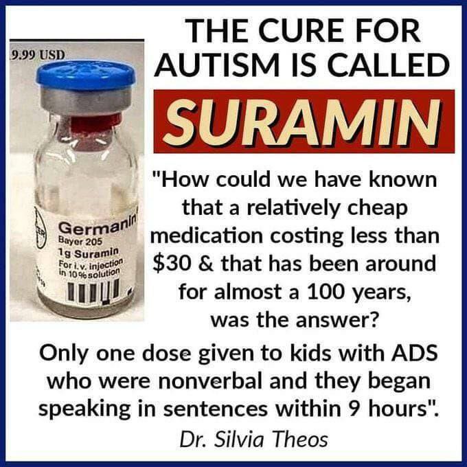 Whiplash437's tweet image. ⛔️THE CURE FOR AUSTISM IS CALLED SURAMIN