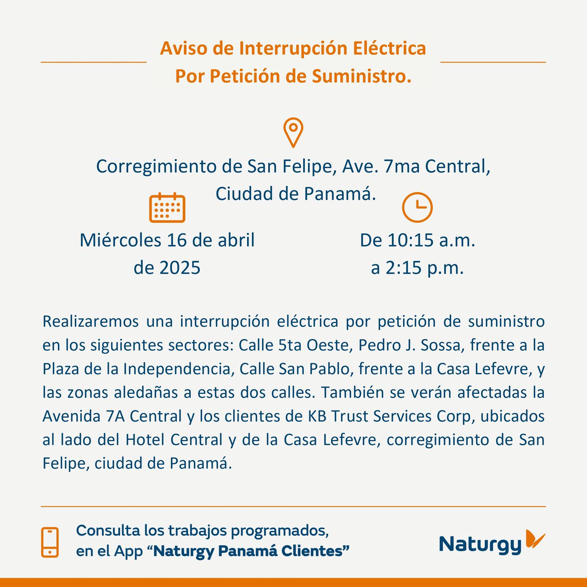 Naturgy Panamá (@naturgypa) on Twitter photo #PanamáCiudad Interrupción eléctrica por petición de suministro para el día miércoles 16 de abril en corregimiento de San Felipe, Casa Nro 7-35, Avenida 7ma.
<a href="/RTPanama/">Roberto Tomas</a> <a href="/traficopanama/">Tráfico Panamá</a> <a href="/Traficologo1/">TRAFICOLOGO-1</a> <a href="/TReporta/">Telemetro Reporta</a> #PanamáCiudad Interrupción eléctrica por petición de suministro para el día miércoles 16 de abril en corregimiento de San Felipe, Casa Nro 7-35, Avenida 7ma.
<a href="/RTPanama/">Roberto Tomas</a> <a href="/traficopanama/">Tráfico Panamá</a> <a href="/Traficologo1/">TRAFICOLOGO-1</a> <a href="/TReporta/">Telemetro Reporta</a>