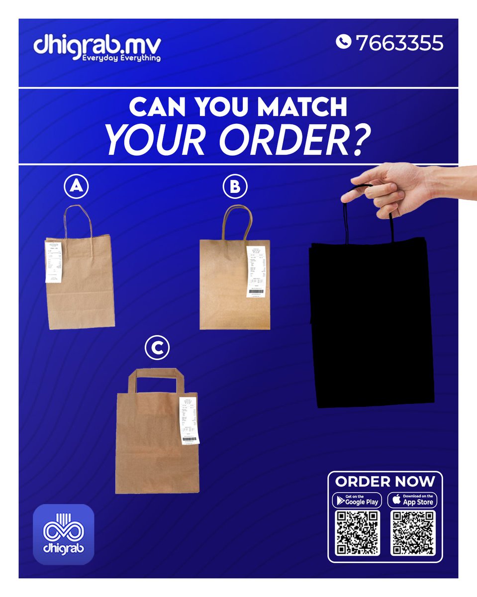 dhigrab's tweet image. Can you match your Dhigrab order to its shadow? 🕵️‍♂️🛍️

One shadow. Three bags. Only one is the real match.
Make your guess — no peeking! 👀

#Dhigrab #GuessTheBag #ShadowMatch