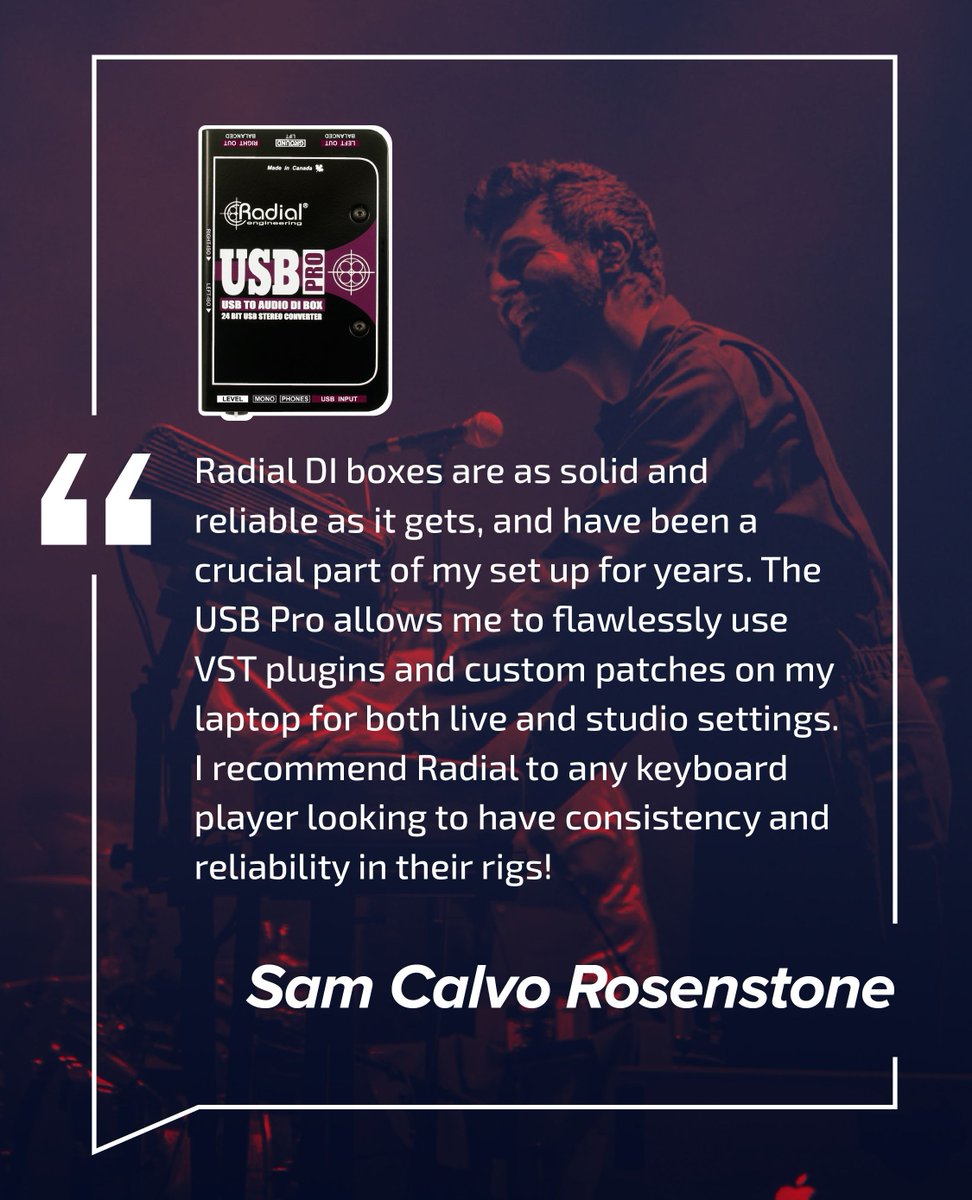 Radial_Eng's tweet photo. For consistent and reliable performance, #RadialArtist Sam Calvo Rosenstone trusts Radial! He uses the USB-Pro to ensure his keyboard rig is always on point.
Check out @sam_calvoro and visit the link below for more info on the USB-Pro
https://t.co/HOqGmMeNEu https://t.co/D8NrCEnIzB