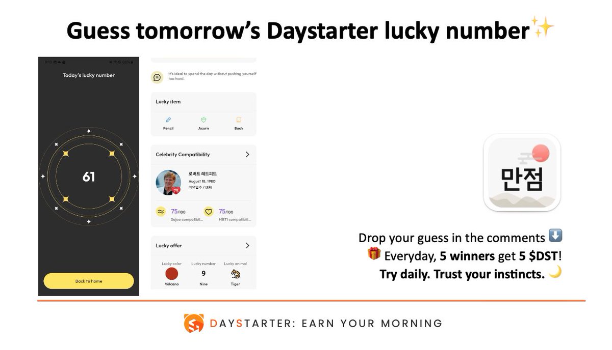 Daystarter_Life's tweet photo. 💥 Welcome to the Lucky Number Showdown!
Each day, @Daystarter picks a winners on Perfect Today. 🤔
📥 Drop your guess below and you could win!
🎁 Everyday, 5 lucky winners get 5 $DST!
Play daily. Boost your chances. 💫
Try daily. Trust your instincts. 🌙
#PerfectToday #Daystarter #DST #Web3 #lifestyle