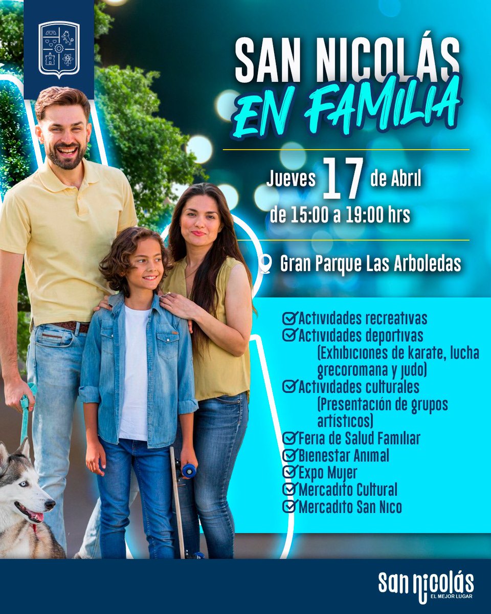 ¡San Nicolás en Familia! 🤩
➡️Jueves 17 de abril, 15:00 a 19:00 hrs
📍Gran Parque Las Arboledas

✅Actividades recreativas y deportivas (karate, lucha grecoromana y judo)
✅Actividades culturales y presentación de grupos artísticos
✅Feria de Salud Familiar y Bienestar Animal