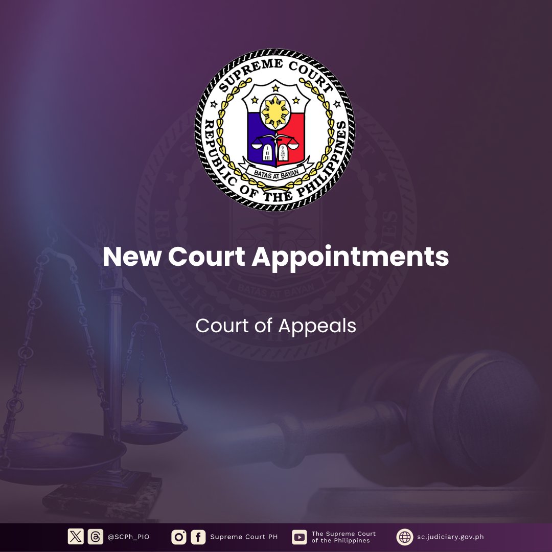 SCPh_PIO's tweet photo. Chief Justice Alexander G. Gesmundo swore in new Court of Appeals (CA) Associate Justices Edilwasif T. Baddiri on April 11, 2025 and Jeoffre Willkom Acebido on April 14, 2025 at the #SupremeCourtPH in Manila. Both were appointed to the appellate court on February 24, 2025.

Justice Baddiri fills the post vacated by retired CA Justice Edwin D. Sorongon. Before joining the CA, Justice Baddiri served as Presiding Judge of Branch 115, Regional Trial Court (RTC), Pasay City from 2015 to 2023, then as Executive Judge of the RTC, Pasay City. He also served as Commissioner of the National Commission on Muslim Filipinos from 2010 to 2015.

Justice Acebido held the post of Presiding Judge of Branch 41, RTC, Cagayan de Oro before his appointment to the CA. He has served the bench for 16 years as RTC judge. A Chief Justice Cayetano Arellano Awardee for Judicial Excellence, Justice Acebido also previously worked as a prosecutor, Public Attorney, and senior legal officer at the Commission on Human Rights. He fills the post vacated by retired CA Justice Victoria Isabel A. Paredes.

READ: https://t.co/9kj7pxlO5d