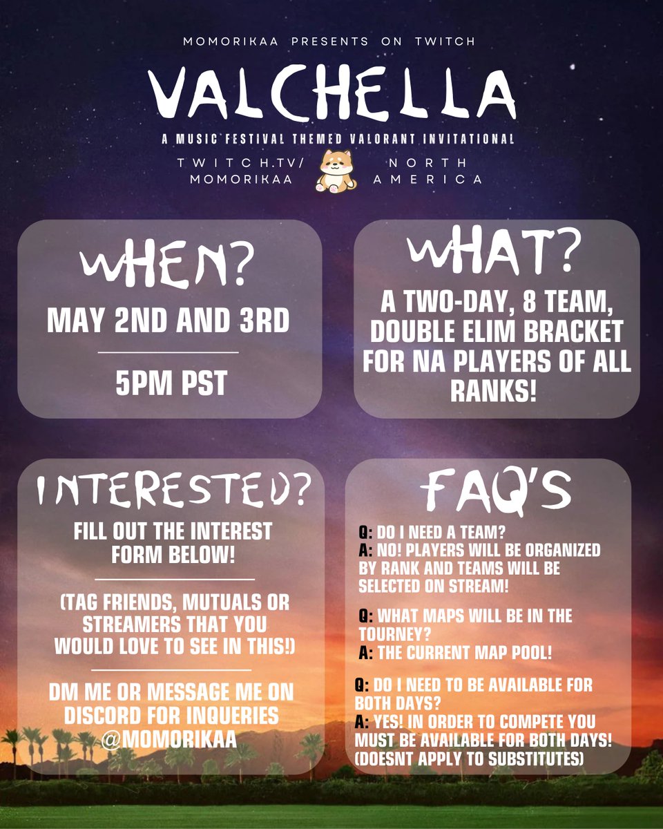 ✨YOU KNOW WE HAD TO BRING IT BACK FOR ANOTHER YEAR....  ✨

🌴VALCHELLA: WEEKEND 2 VALORANT INVITATIONAL🌴

 📅WHEN? : FRIDAY MAY 2ND AND SATURDAY MAY 3RD @ 5PM PST!

🩷8 TEAM, 2 DAY, DOUBLE ELIM BRACKET STYLE TOURNAMENT TO BRING PEOPLE TOGETHER FESTIVAL STYLE! 🩷

🌺INTEREST
