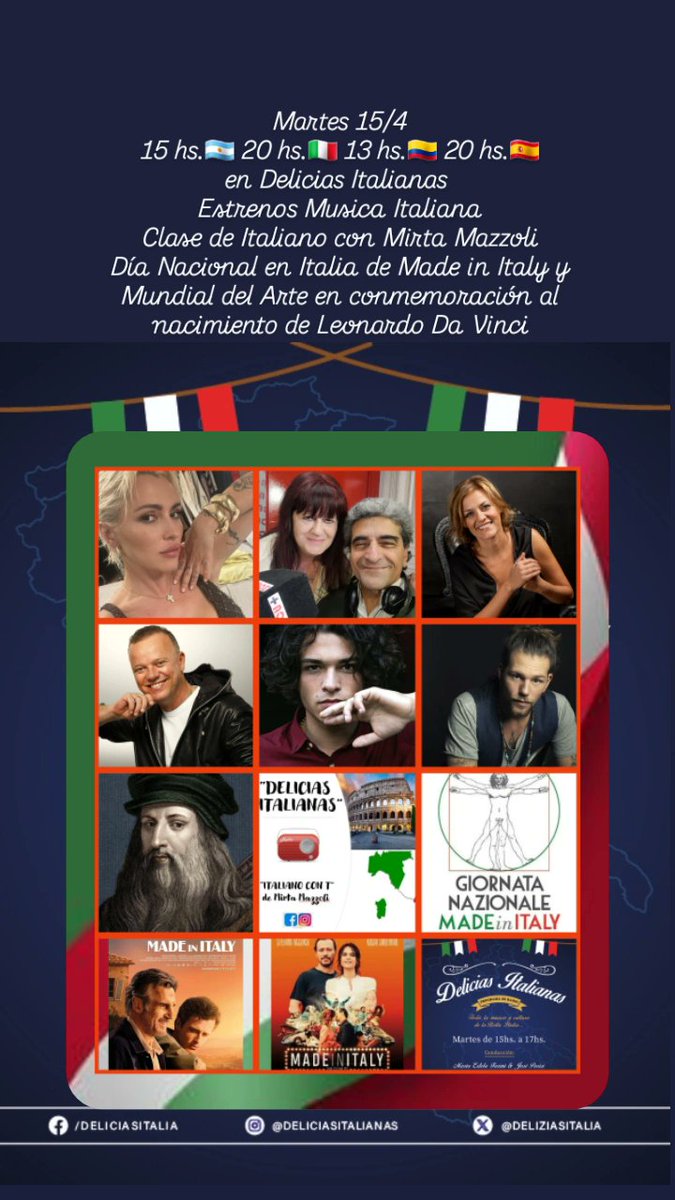 🎧🇦🇷🇮🇹🇨🇴🇪🇸 Martes 15/4 15 hs.Arg. 20 hs. It. 13 hs.Col. 20 hs.Esp. en Delicias Italianas <a href="/RADIOZONICA/">#RadioZonica #Zonica➕</a> Especial Estrenos Musica Italiana Leonardo Da Vinci Dia del Made in Italy y Mundial del Arte
 y más Musica y Cultura de Italia Con Estela Farini y Jose Parisi
