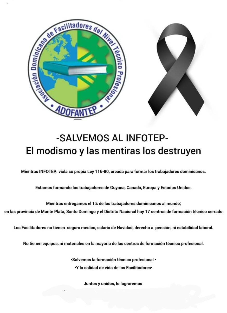 adofantep's tweet photo. INFOTEP,  está desviada del espíritu de su propia Ley 116-80.

Mientras la corrupción se apodera de ella, con las desviaciones de fondos para formar los trabajadores de otros países, mientras en el nuestro están cerrando los centros de formación. https://t.co/6uuNflbe3I https://t.co/wzaySKQaM8