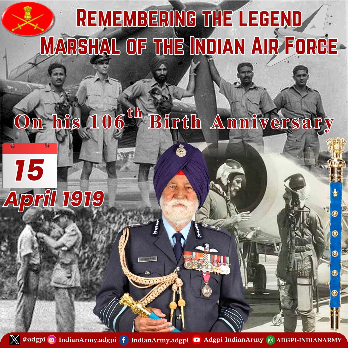 adgpi's tweet photo. Remembering the Legend... 

The #IndianArmy salutes the legacy of Marshal of the Indian Air Force Arjan Singh, DFC, on his 106th Birth Anniversary. The first Five-Star Rank officer of the #IAF, his exemplary leadership, valour and unwavering dedication to the Nation remains a timeless source of inspiration for generations to come.
 
@HQ_IDS_India
@IAF_MCC