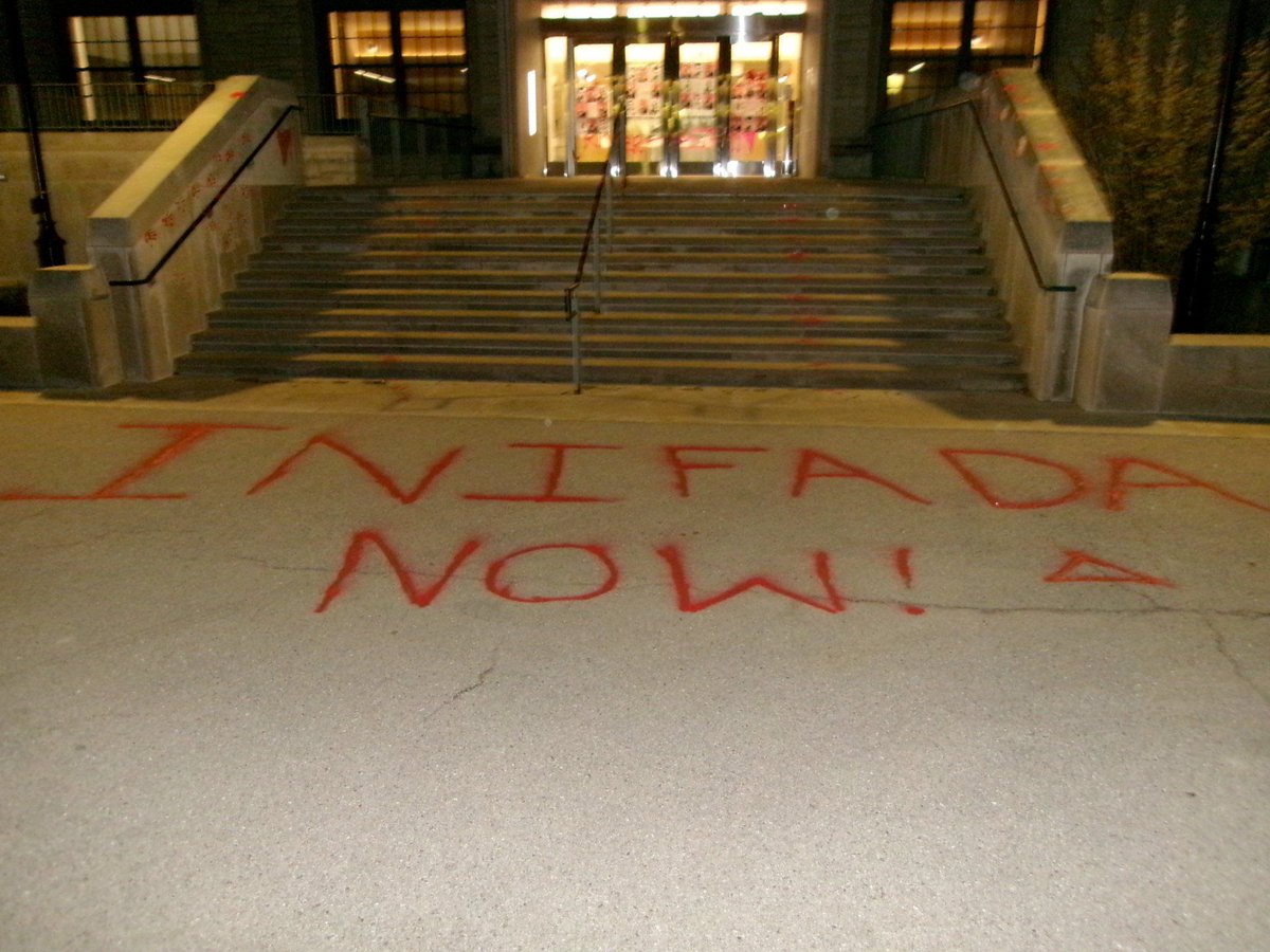 YinamCohen's tweet photo. While Jews around the world celebrated Passover - a holiday that symbolizes our freedom and the birth of our nation - some chose to spread hate at Northwestern University. Overnight, anti-Semitic graffiti appeared on campus, calling for the death of Jews (Intifada now) and the destruction of the Jewish state (Death to Israel).

It is no wonder that they chose to spray their hatred on the building that houses the Holocaust Educational Foundation - a chilling reminder of where such hatred can lead.

While Northwestern has taken some preliminary steps to combat and train against antisemitism, it is clear that it can and should do more - fighting unequivocally and unapologetically against Jew-hatred on campus. 
I am grateful to law enforcement for their efforts to identify the perpetrators and bring them to justice.