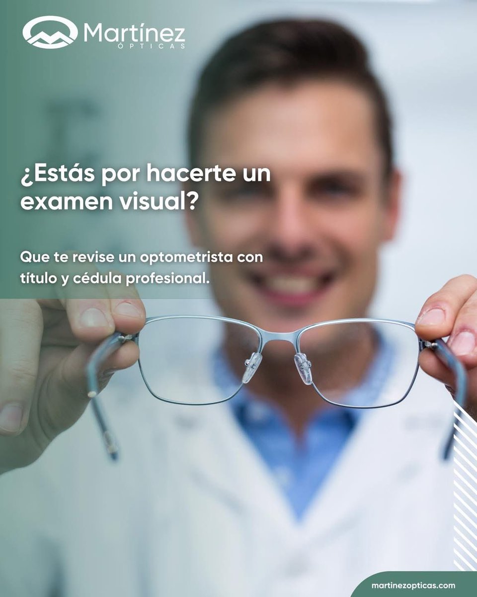 OpticasMartinez's tweet photo. ¿Estás por hacerte un examen visual?
Que te revise un optometrista titulado, con cédula profesional.

Agenda tu cita con nosotros, Martínez Ópticas, para un examen visual profesional con licenciados en Optometría.

#optometria #examenvisual #saludvisual #optometrista #lentes https://t.co/fTSNWMQweh