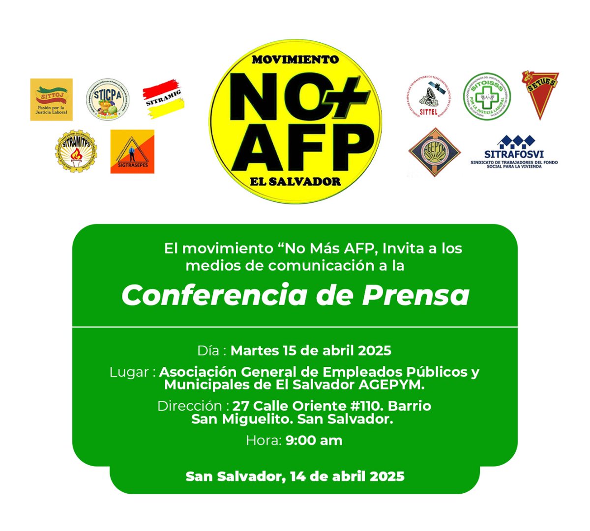 Se les hace una cordial invitación a la Conferencia de Prensa mañana 15/04 a las 9:00am en el  local de <a href="/AgepymE_S/">AGEPYM EL SALVADOR</a>