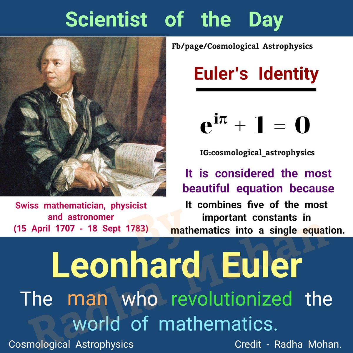 CosmoAstrophy's tweet photo. "Read Euler, read Euler, he is the master of us all."

It's the birthday of #LeonhardEuler , one of the founders of pure mathematics -

(Scientist of the Day - 15 April)

During his academic career, Euler wrote about 880 works and the variety of multivolume monographs among them. https://t.co/P0V9goJujE
