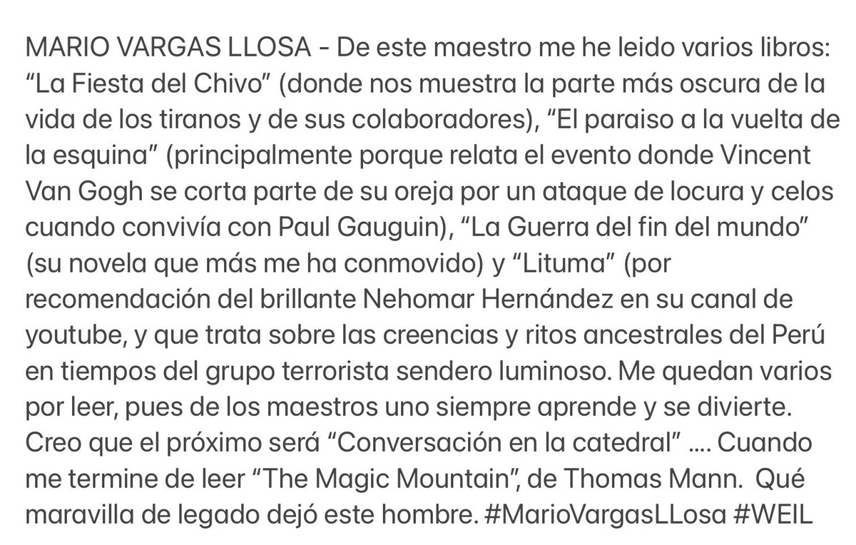 WEIL_caricatura's tweet photo. MARIO VARGAS LLOSA - De este maestro me he leido varios libros: “La Fiesta del Chivo” (donde nos muestra la parte más oscura de la vida de los tiranos y de sus colaboradores), “El paraiso a la vuelta de la esquina” (principalmente porque relata el… https://t.co/UTERq0kEj2