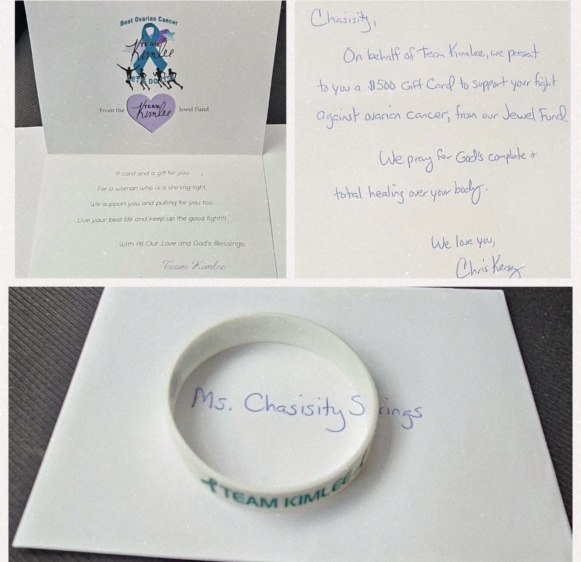 TeamKimlee's tweet photo. Team Kimlee is proud to award an ovarian cancer survivor and patient, Chasisity of Columbia, SC, a Team Kimlee Jewel Fund Gift Card!!! Prayers for you and keep up the fight. 💚🩵🙏🏾
For her story, please go to https://t.co/TZeIJPrexF
#teamkimleeletsdoit 
#ovariancancerawareness https://t.co/JWybjC3Idc