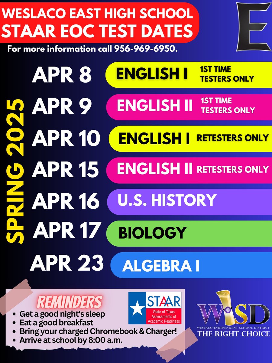 STAAR testing continues this week, beginning with our English II for re-testers.  Please be sure to bring a charged Chromebook for testing this week.