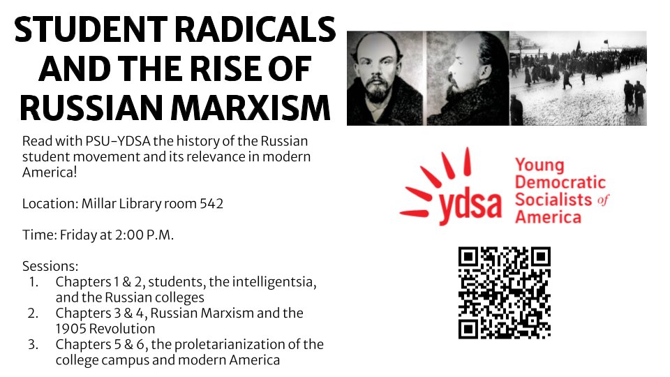 YDSAPortlandSt8's tweet image. Be sure to attend our next reading group this Friday! We'll be reading chapters 3 & 4 of @DeGreat4's Student Radicals and the Rise of Russian Marxism.
#PortlandState #PSU
pdx.campuslabs.com/engage/event/1…