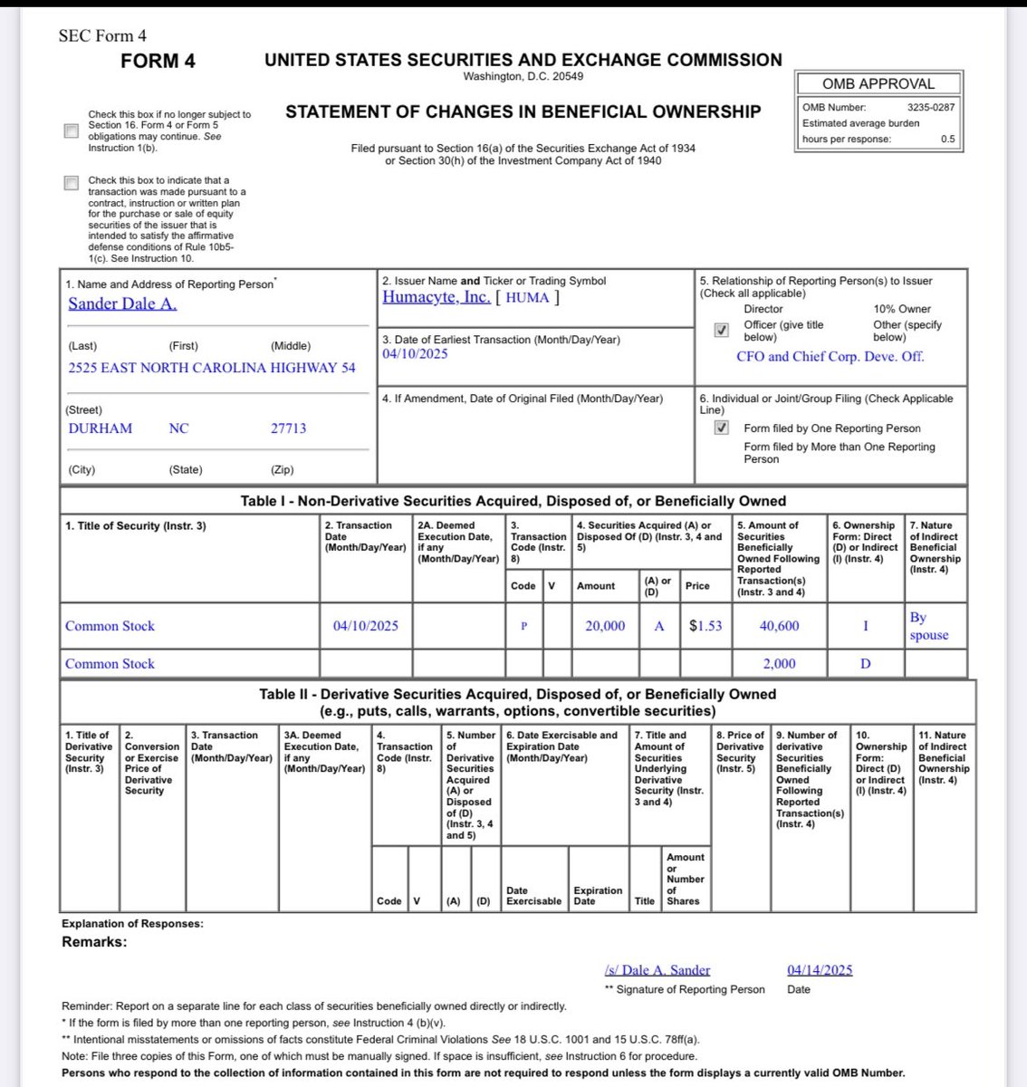 medtechmd's tweet photo. $HUMA CFO Dale Sander acquires shares on the open market 4/10/25. https://t.co/1rnijhq1jr