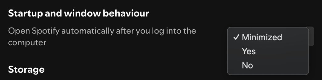 dilantha's tweet photo. Spotify's default is to launch the app minimized (at least on macOS). I prefer to turn this off to save memory. #Spotify #macOS https://t.co/M34UZONRp2
