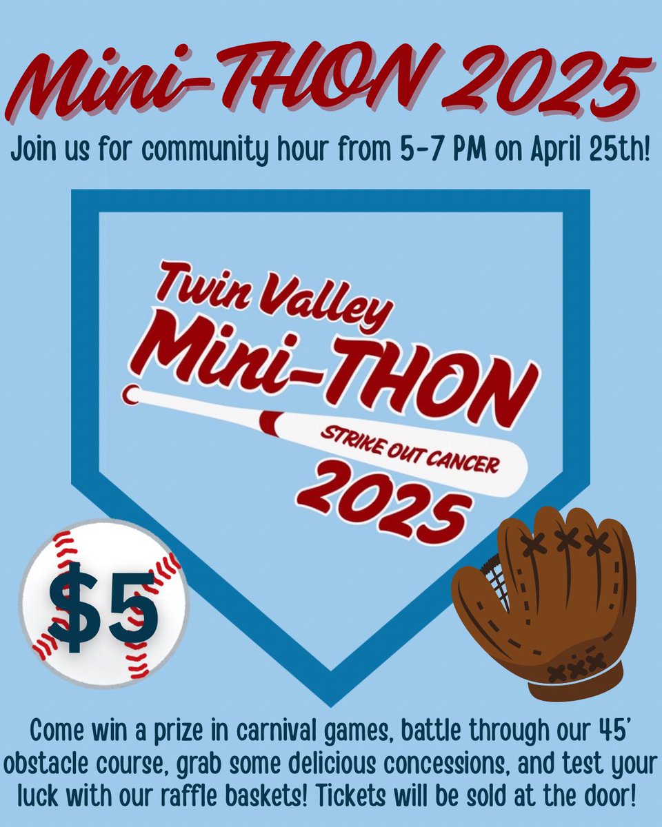 Get ready for Mini-THON 2025! Join us for an evening of fun with carnival games, a huge obstacle course, delicious concessions, and awesome raffle baskets! Don’t miss out, tickets are just $5 at the door! See you there!