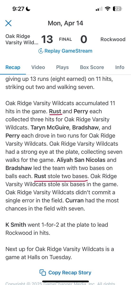 No videos or pictures from tonight’s game but we won 13-0 I had no balls/outs in the outfield but I got 3 singles and a hit by pitch