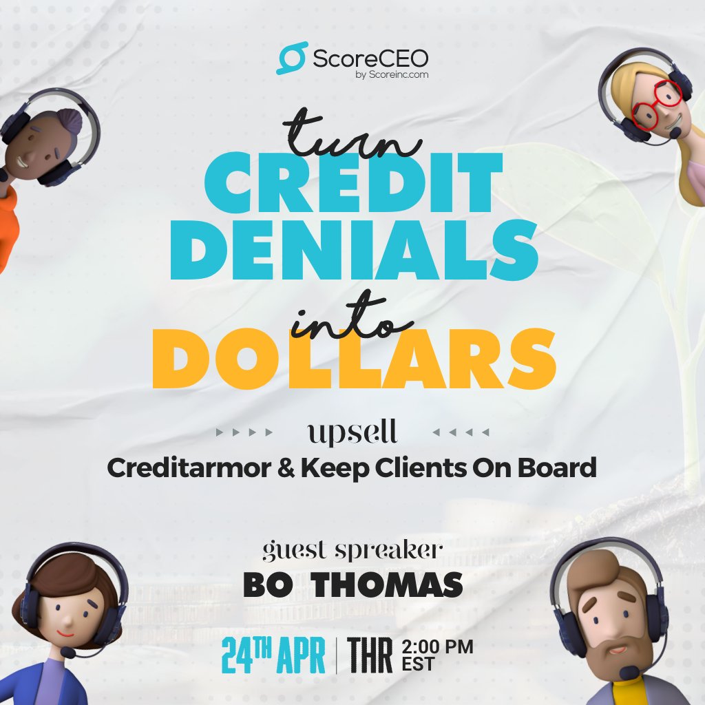 Scoreinc1's tweet image. 🚧 Can’t afford credit repair?
Learn how to use this common objection to build trust AND make a sale—without pressure.
🗓️ Webinar on April 24 at 2 PM EST
💻 Register: bit.ly/4ifQC6u
#CreditRepairCRM #CreditArmor #ScoreCEO