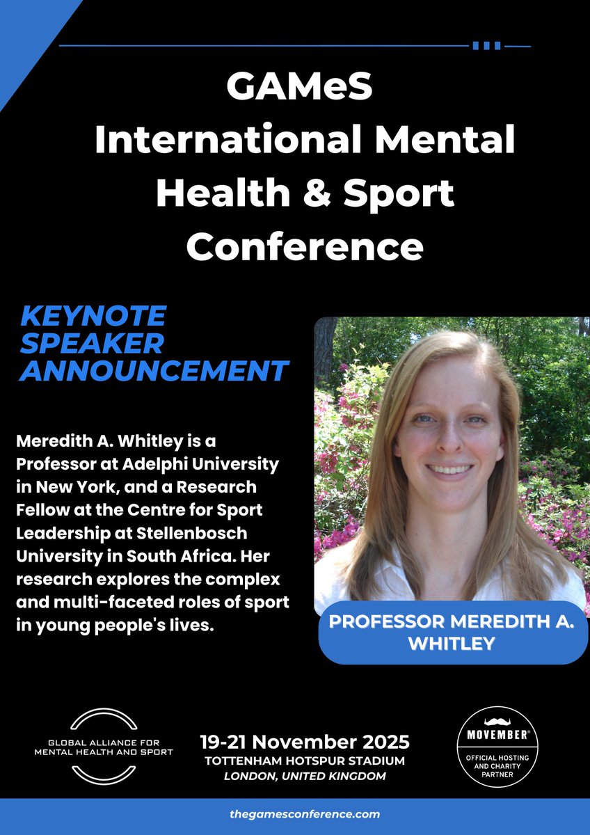 Global Alliance for Mental Health and Sport (@games_rg_) on Twitter photo We are so excited to finally announce our first Keynote Speaker for #GAMeS2025 in London, Professor Meredith Whitley (<a href="/DrWhitley/">Meredith Whitley</a>) from Adelphi University in the United States.
More info here: thegamesconference.com We are so excited to finally announce our first Keynote Speaker for #GAMeS2025 in London, Professor Meredith Whitley (<a href="/DrWhitley/">Meredith Whitley</a>) from Adelphi University in the United States.
More info here: thegamesconference.com