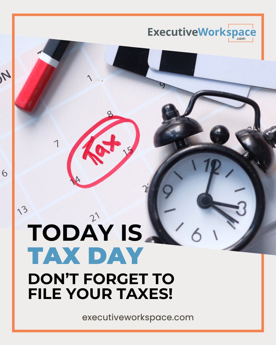 executivework_'s tweet photo. Don't forget - today is the last day to file your taxes. Have you filed yet? Do it now! Better late than pay penalties!
#ExecutiveWorkspace #OfficeSpace #Entrepreneur #SmallBusiness #Office #Startup #Business #Dallas #DFW #Austin #Freelance #TaxDay #TaxSeason https://t.co/dJ0raRIWEB