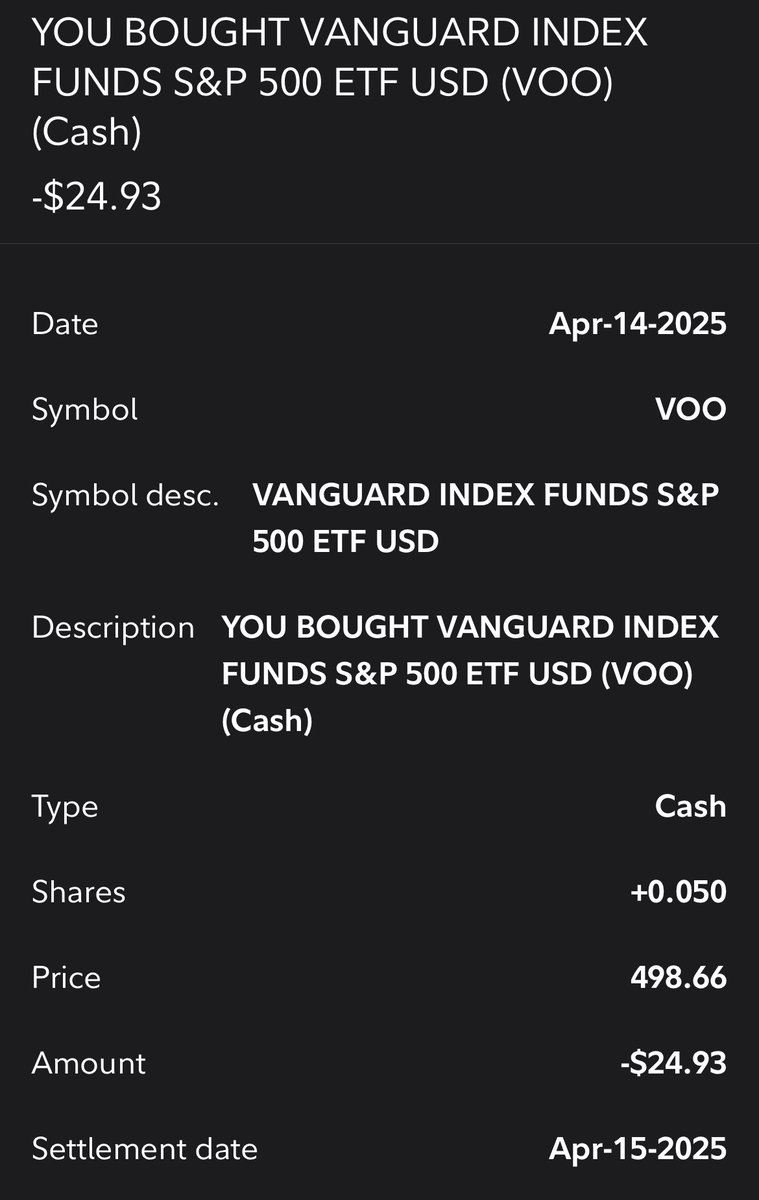 DollarCostDaily's tweet photo. 📈 Daily DCA Update
$VOO buy: $24.93 @ $498.66
$BTC buy: $25.00 @ $84,866.96

#DollarCostAveraging #VOO #Bitcoin #Investing https://t.co/YeOsu7WvXT