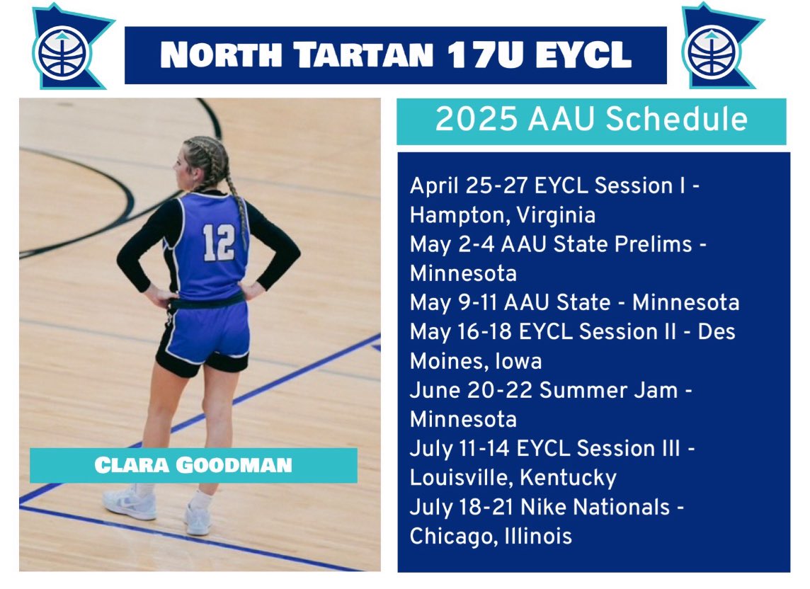 Clara Goodman (@claragoodman08) on Twitter photo Here is my upcoming AAU schedule for this summer. Can’t wait!! <a href="/NorthTartan/">North Tartan</a> <a href="/GMacHoops/">Grant McGinnis</a> <a href="/PGHMinnesota/">Prep Girls Hoops Minnesota</a> <a href="/EVGBB/">EVGBB</a> Here is my upcoming AAU schedule for this summer. Can’t wait!! <a href="/NorthTartan/">North Tartan</a> <a href="/GMacHoops/">Grant McGinnis</a> <a href="/PGHMinnesota/">Prep Girls Hoops Minnesota</a> <a href="/EVGBB/">EVGBB</a>