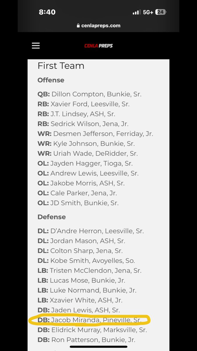 Jacob Miranda 2025 Safety (@jacob_miranda2) on Twitter photo #AGTG Blessed to make 1st team All-Cenla!!
<a href="/BlaineMcCorkle/">Blaine McCorkle</a> <a href="/CoachStew_NSU/">Carson Stewart</a> <a href="/CoachKVA/">Kendrick Van Ackeren</a> <a href="/CoachCadeCamp/">Cade Camp</a> <a href="/CenLaPrepsLLC/">Cenla Preps</a> <a href="/CoachCharles19/">Coach Justin Charles</a> <a href="/b_hoss_mac/">Bret H. McCormick</a> <a href="/bryantbell2018/">Bryant Bell</a> <a href="/lamargafford/">LaMar Gafford</a> <a href="/GridironFootbal/">Gridiron Football®</a> <a href="/JaceLejeune/">Jace LeJeune</a> <a href="/siickesst/">Coach Mingo⭐️</a> <a href="/446Sports/">446Sports</a> <a href="/_coachcleve_/">Coach Pat Cleveland</a> #AGTG Blessed to make 1st team All-Cenla!!
<a href="/BlaineMcCorkle/">Blaine McCorkle</a> <a href="/CoachStew_NSU/">Carson Stewart</a> <a href="/CoachKVA/">Kendrick Van Ackeren</a> <a href="/CoachCadeCamp/">Cade Camp</a> <a href="/CenLaPrepsLLC/">Cenla Preps</a> <a href="/CoachCharles19/">Coach Justin Charles</a> <a href="/b_hoss_mac/">Bret H. McCormick</a> <a href="/bryantbell2018/">Bryant Bell</a> <a href="/lamargafford/">LaMar Gafford</a> <a href="/GridironFootbal/">Gridiron Football®</a> <a href="/JaceLejeune/">Jace LeJeune</a> <a href="/siickesst/">Coach Mingo⭐️</a> <a href="/446Sports/">446Sports</a> <a href="/_coachcleve_/">Coach Pat Cleveland</a>